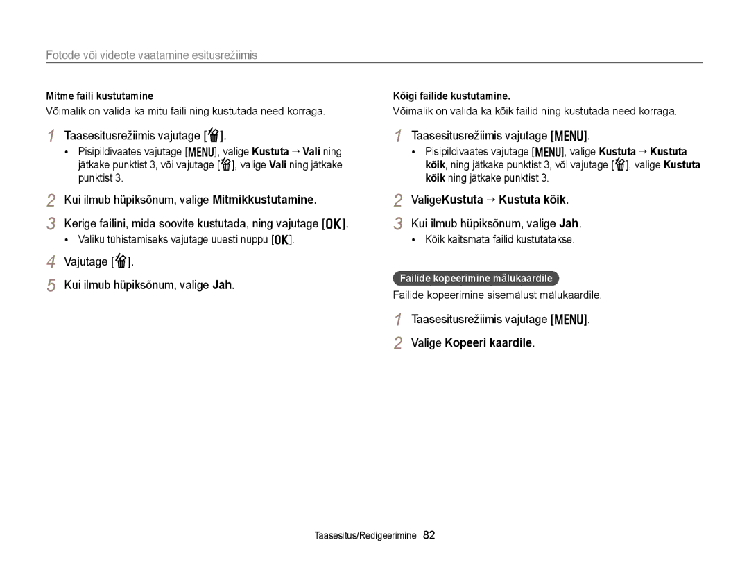 Samsung EC-WB150FBDBE2 manual Taasesitusrežiimis vajutage f, ValigeKustuta “ Kustuta kõik, Valige Kopeeri kaardile 