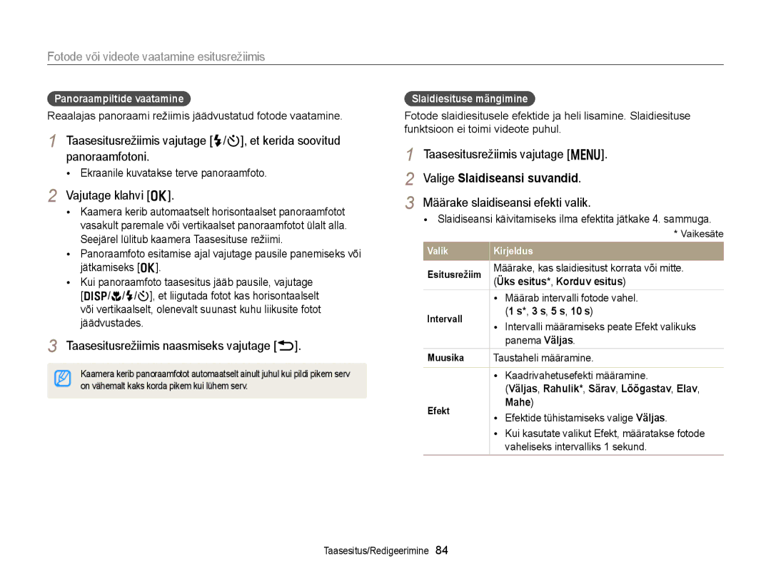 Samsung EC-WB150FBPWE2 manual Vajutage klahvi o, Taasesitusrežiimis naasmiseks vajutage b, Valige Slaidiseansi suvandid 