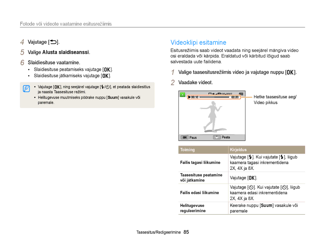 Samsung EC-WB150FBPBE2 manual Videoklipi esitamine, Vajutage b, Valige Alusta slaidiseanssi, Slaidiesituse vaatamine 