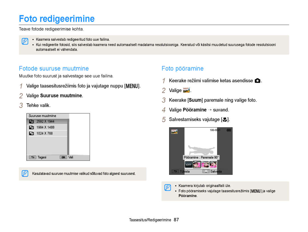 Samsung EC-WB150FBDBE2 manual Foto redigeerimine, Fotode suuruse muutmine, Foto pööramine, Valige Pööramine “ suvand 