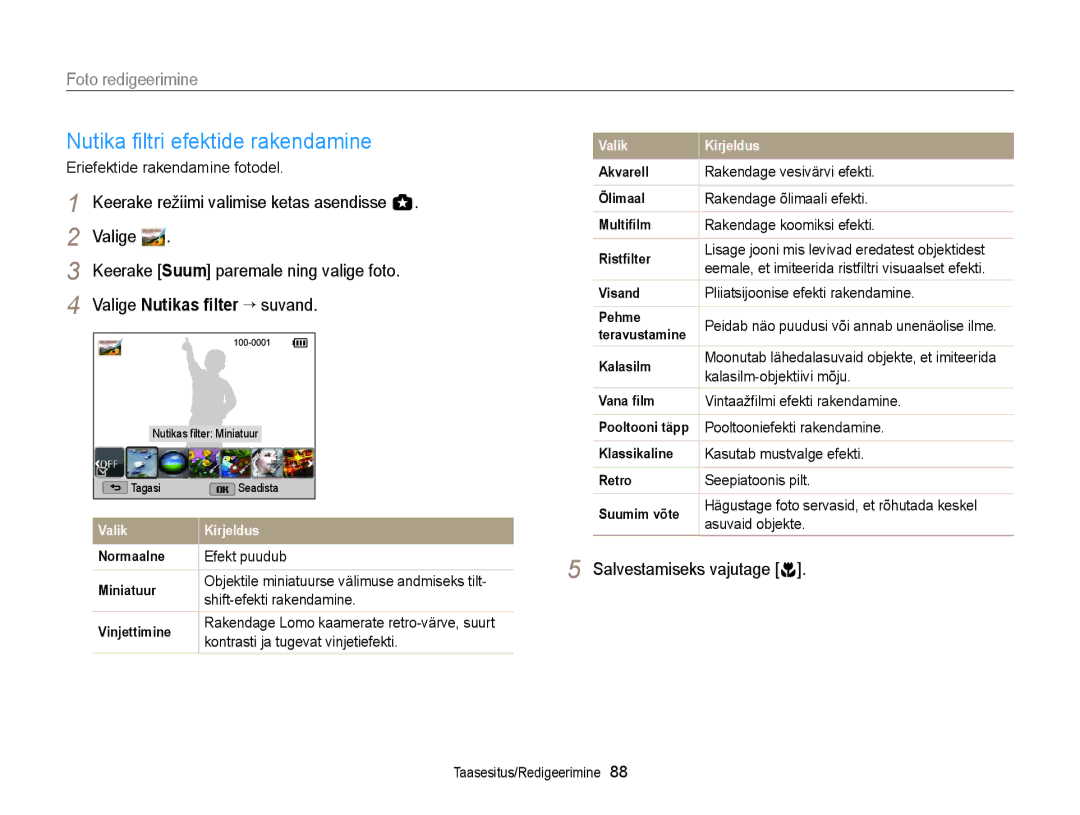 Samsung EC-WB150FBDWE2 manual Nutika ¿ltri efektide rakendamine, Foto redigeerimine, Valige Nutikas ﬁlter “ suvand 