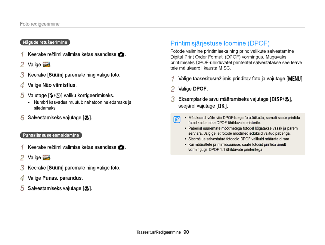 Samsung EC-WB150FBPBE2 manual Printimisjärjestuse loomine Dpof, Valige Punas. parandus, Nägude retušeerimine, Siledamaks 