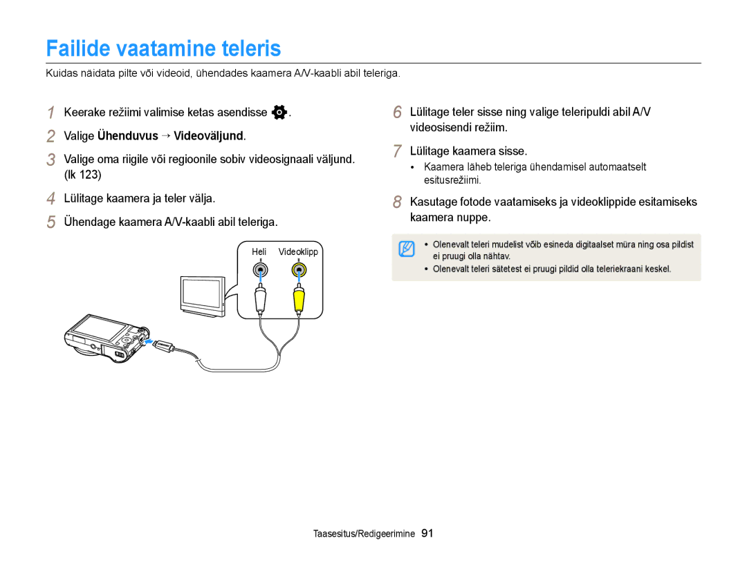 Samsung EC-WB150FBPRE2 manual Failide vaatamine teleris, Valige Ühenduvus “ Videoväljund, Lülitage kaamera ja teler välja 