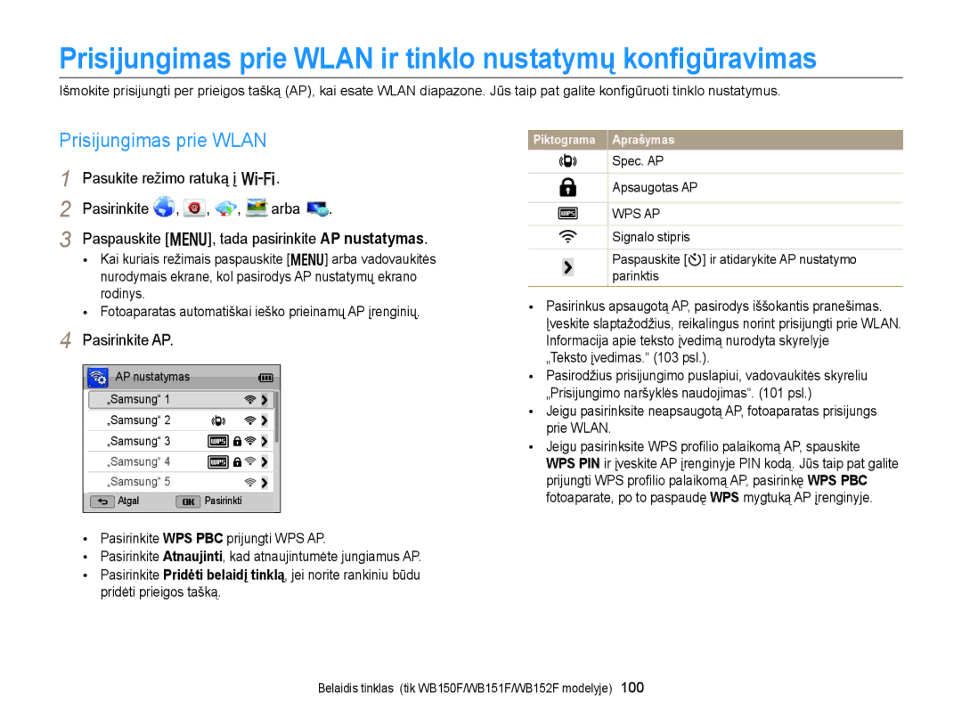 Samsung EC-WB150FBPBE2, EC-WB150FBPWE2 manual Prisijungimas prie Wlan ir tinklo nustatymų konﬁgūravimas, Pasirinkite AP 