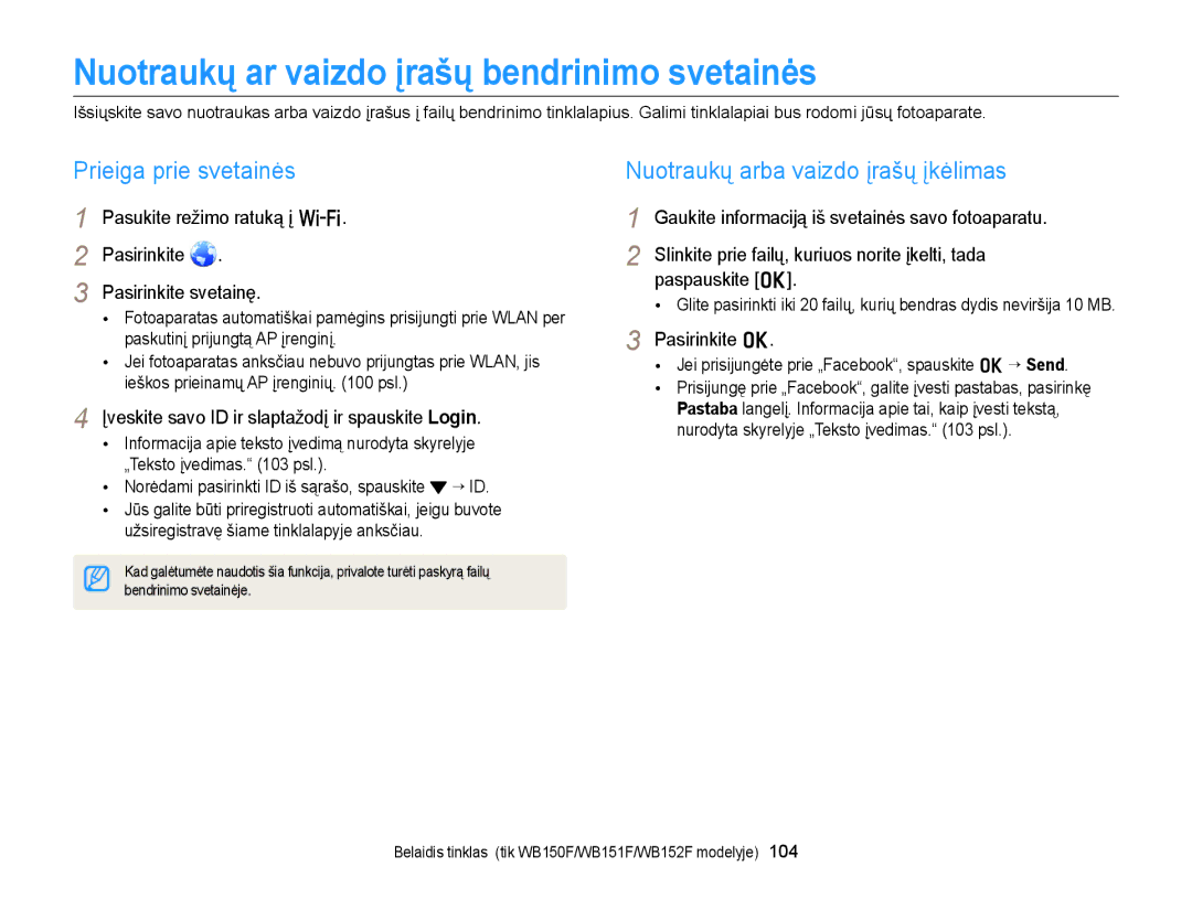 Samsung EC-WB150FBPWE2, EC-WB150FBPBE2 manual Nuotraukų ar vaizdo įrašų bendrinimo svetainės, Prieiga prie svetainės 