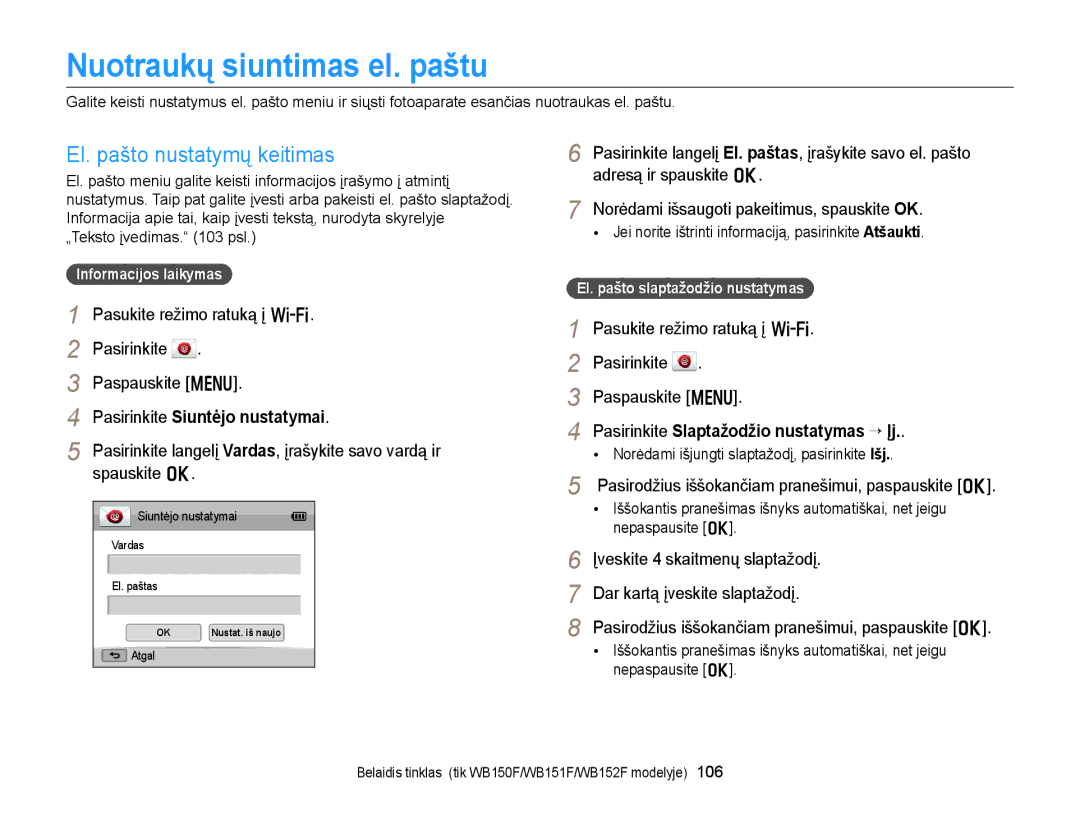 Samsung EC-WB150FBPRE2 manual Nuotraukų siuntimas el. paštu, El. pašto nustatymų keitimas, Pasirinkite Siuntėjo nustatymai 