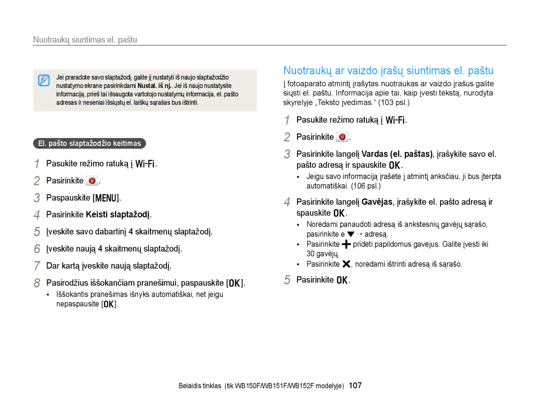 Samsung EC-WB150FBDBE2, EC-WB150FBPWE2 manual Nuotraukų ar vaizdo įrašų siuntimas el. paštu, Nuotraukų siuntimas el. paštu 