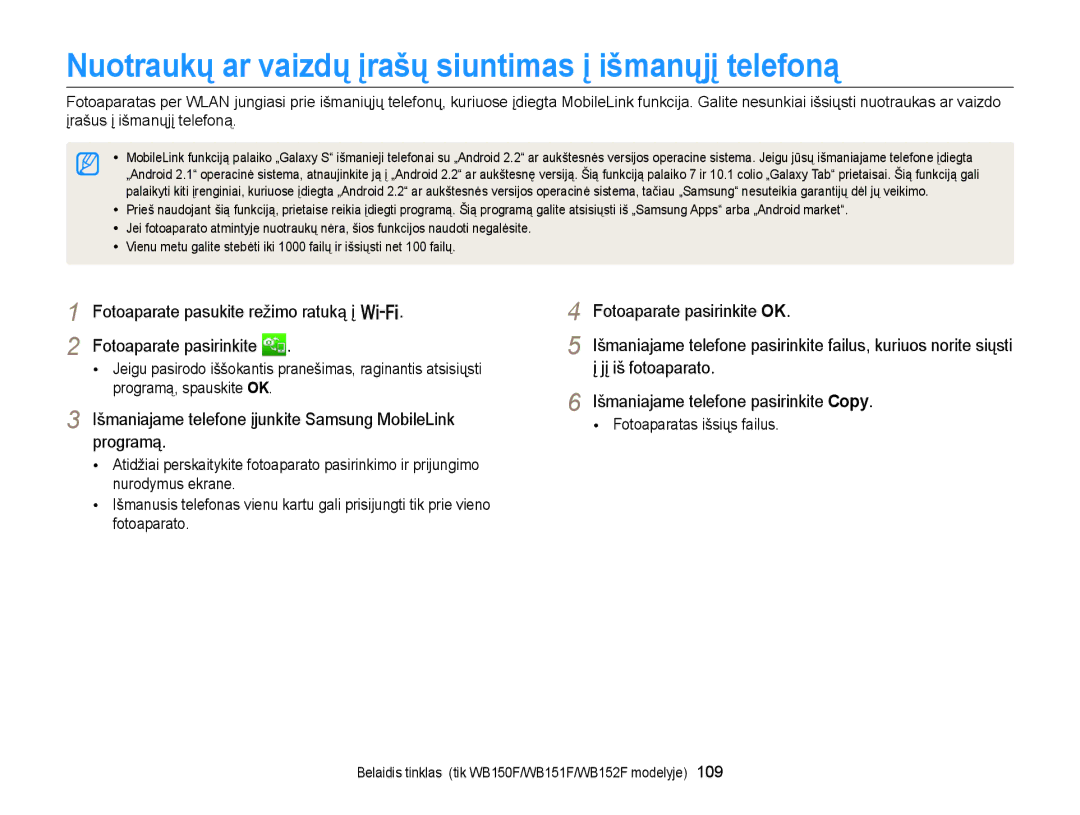 Samsung EC-WB150FBPWE2, EC-WB150FBPBE2 Nuotraukų ar vaizdų įrašų siuntimas į išmanųjį telefoną, Fotoaparate pasirinkite OK 