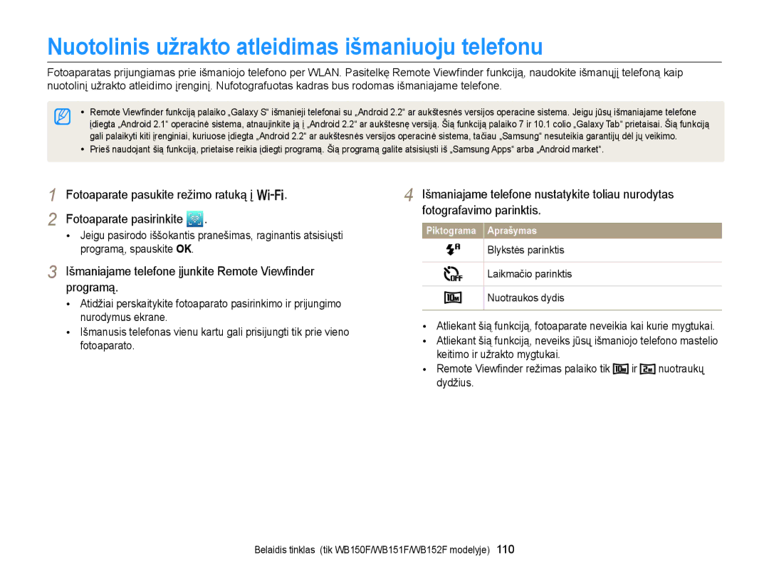 Samsung EC-WB150FBPBE2 manual Nuotolinis užrakto atleidimas išmaniuoju telefonu, Fotoaparate pasukite režimo ratuką į w 