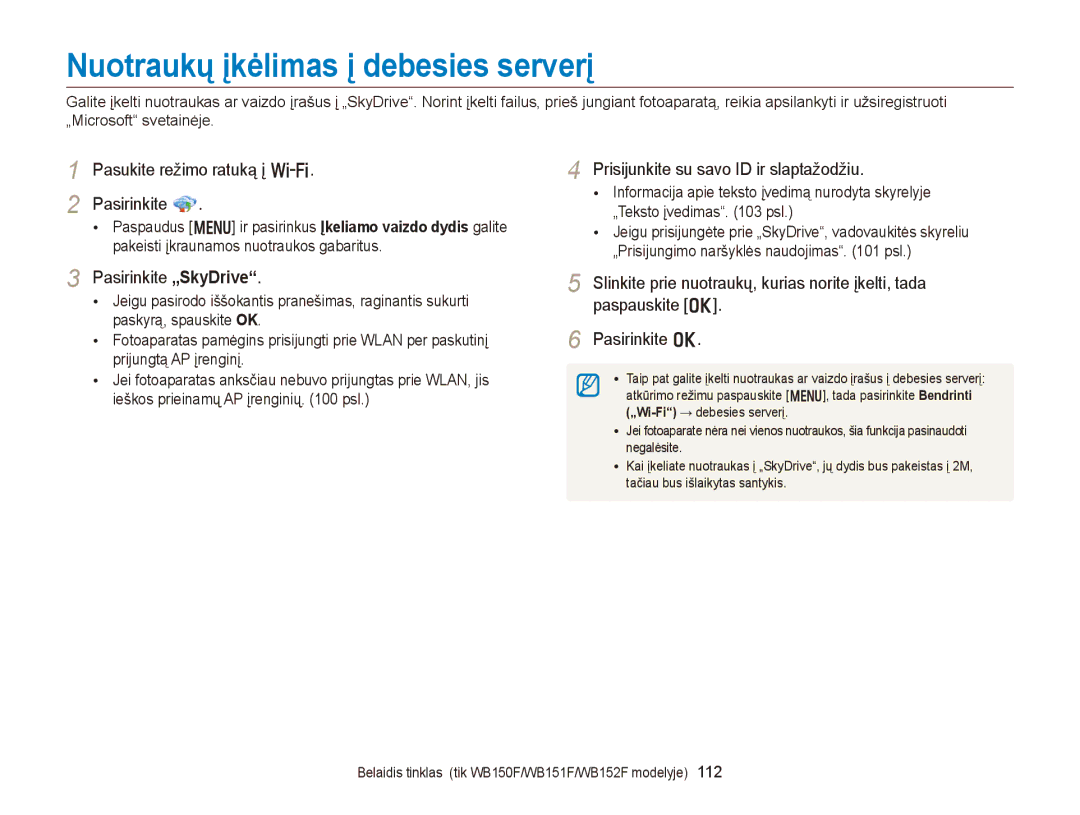 Samsung EC-WB150FBDBE2, EC-WB150FBPWE2 manual Nuotraukų įkėlimas į debesies serverį, Pasukite režimo ratuką į w Pasirinkite 