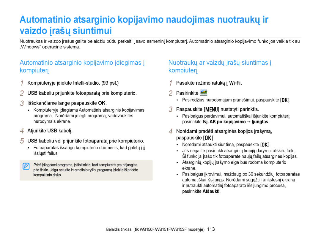 Samsung EC-WB150FBDWE2 manual Automatinio atsarginio kopijavimo įdiegimas į kompiuterį, Paspauskite m nustatyti parinktis 