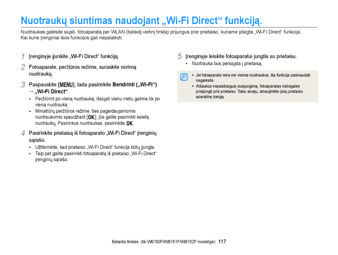 Samsung EC-WB150FBDBE2, EC-WB150FBPWE2 manual Nuotraukų siuntimas naudojant „Wi-Fi Direct funkciją, “ „Wi-Fi Direct 