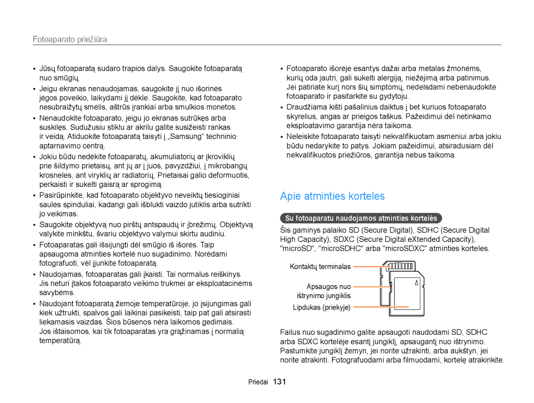 Samsung EC-WB150FBPRE2 manual Apie atminties korteles, Su fotoaparatu naudojamos atminties kortelės, Kontaktų terminalas 