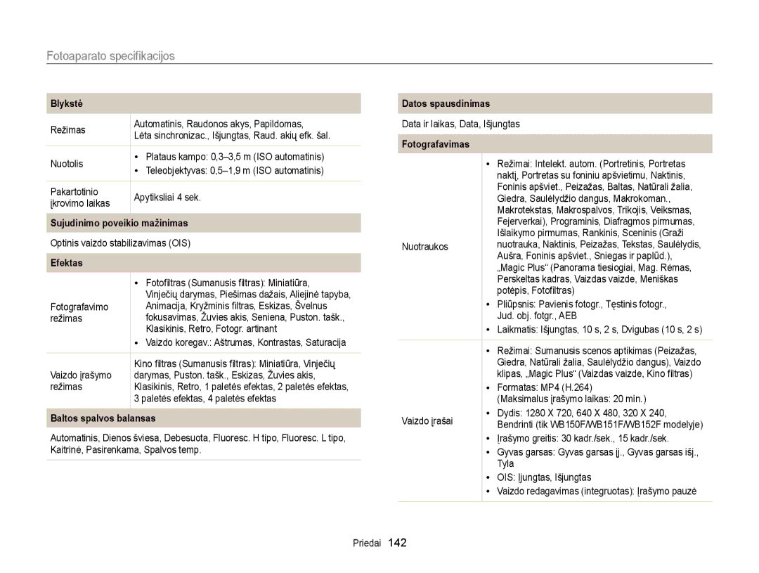 Samsung EC-WB150FBDBE2 Fotoaparato speciﬁkacijos, Blykstė, Sujudinimo poveikio mažinimas, Efektas, Baltos spalvos balansas 