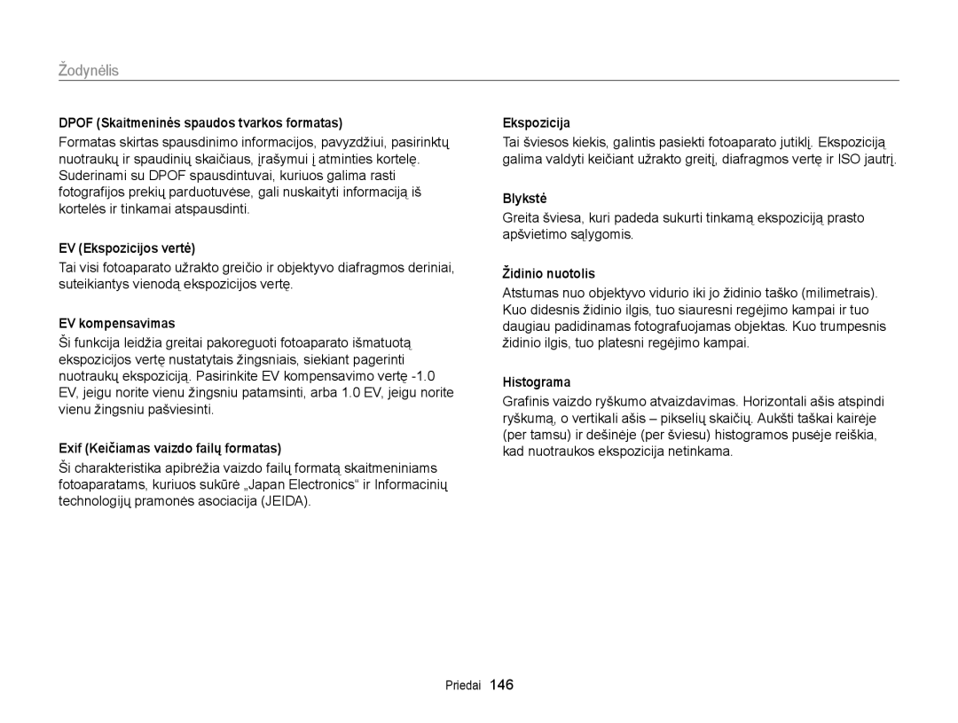 Samsung EC-WB150FBPRE2, EC-WB150FBPWE2, EC-WB150FBPBE2, EC-WB150FBDBE2, EC-WB150FBDWE2 manual Žodynėlis 