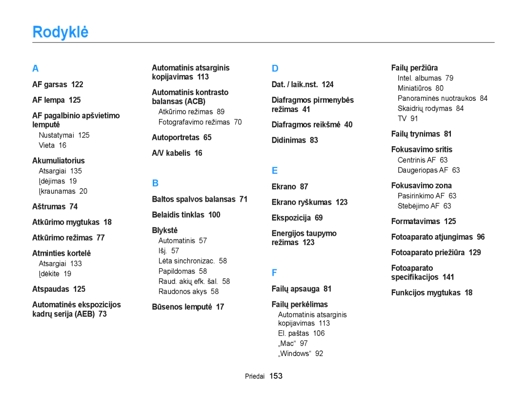 Samsung EC-WB150FBDWE2, EC-WB150FBPWE2, EC-WB150FBPBE2, EC-WB150FBPRE2, EC-WB150FBDBE2 manual Rodyklė 