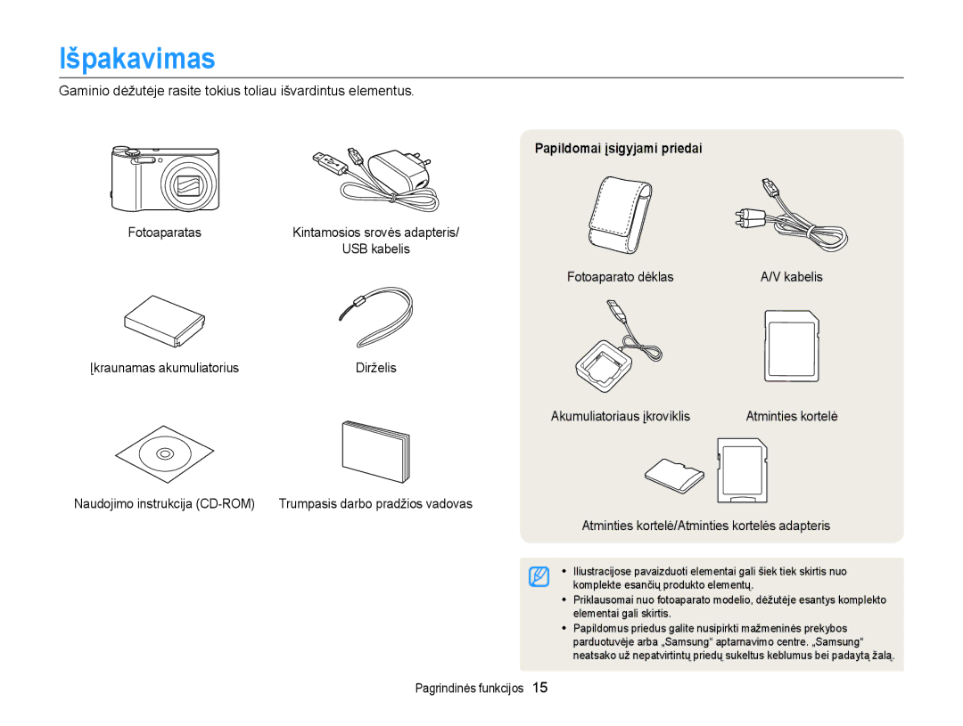 Samsung EC-WB150FBPBE2, EC-WB150FBPWE2, EC-WB150FBPRE2, EC-WB150FBDBE2 manual Išpakavimas, Papildomai įsigyjami priedai 