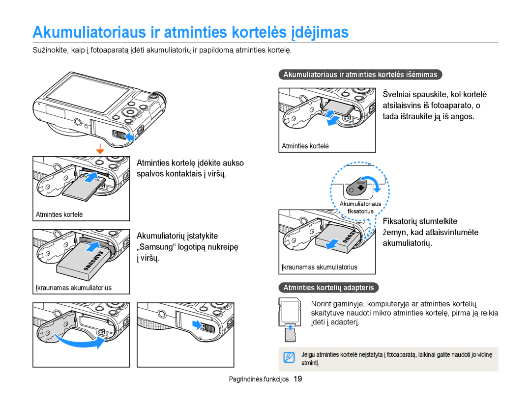 Samsung EC-WB150FBPWE2, EC-WB150FBPBE2 Akumuliatoriaus ir atminties kortelės įdėjimas, Viršų, Atminties kortelių adapteris 