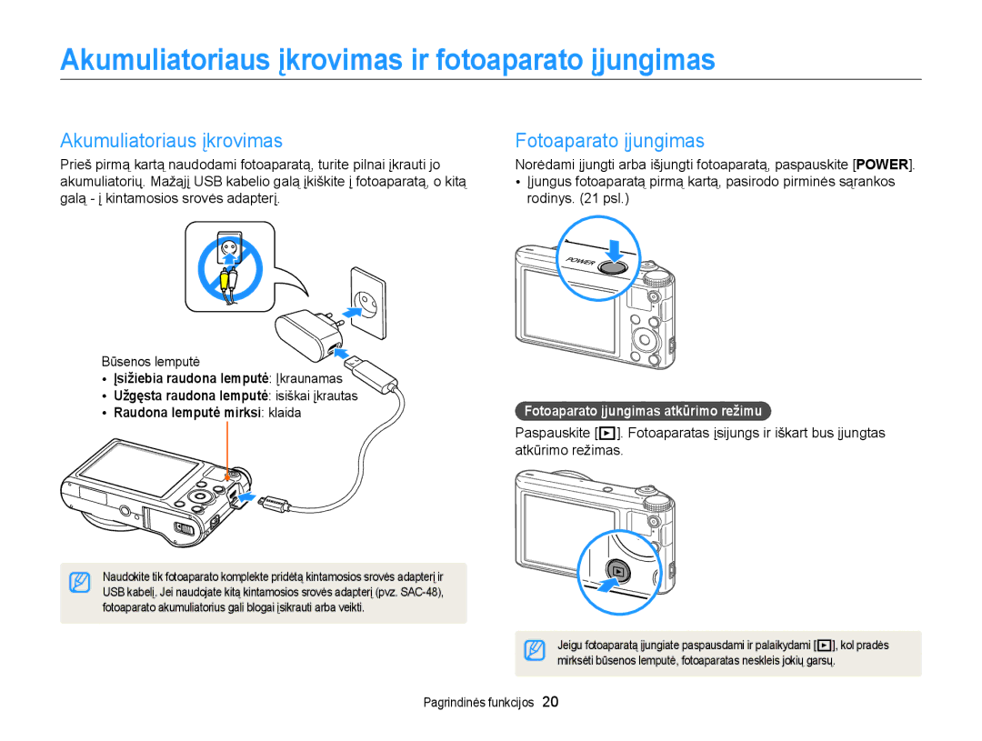 Samsung EC-WB150FBPBE2, EC-WB150FBPWE2 manual Akumuliatoriaus įkrovimas ir fotoaparato įjungimas, Fotoaparato įjungimas 