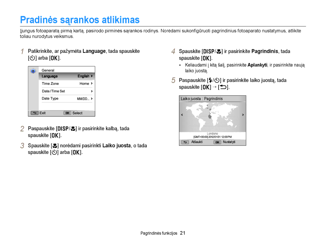 Samsung EC-WB150FBPRE2, EC-WB150FBPWE2, EC-WB150FBPBE2, EC-WB150FBDBE2, EC-WB150FBDWE2 manual Pradinės sąrankos atlikimas 