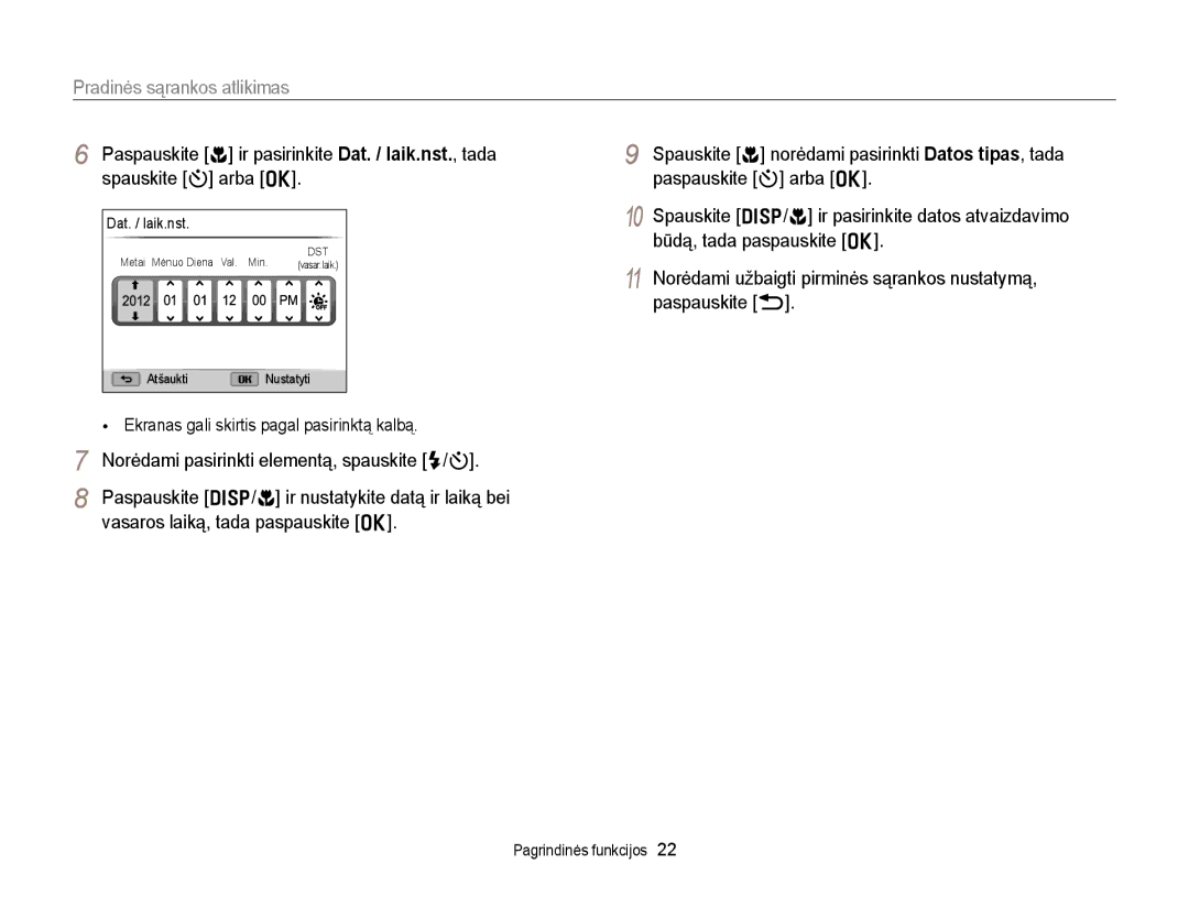 Samsung EC-WB150FBDBE2, EC-WB150FBPWE2 manual Pradinės sąrankos atlikimas, Norėdami pasirinkti elementą, spauskite F/t 