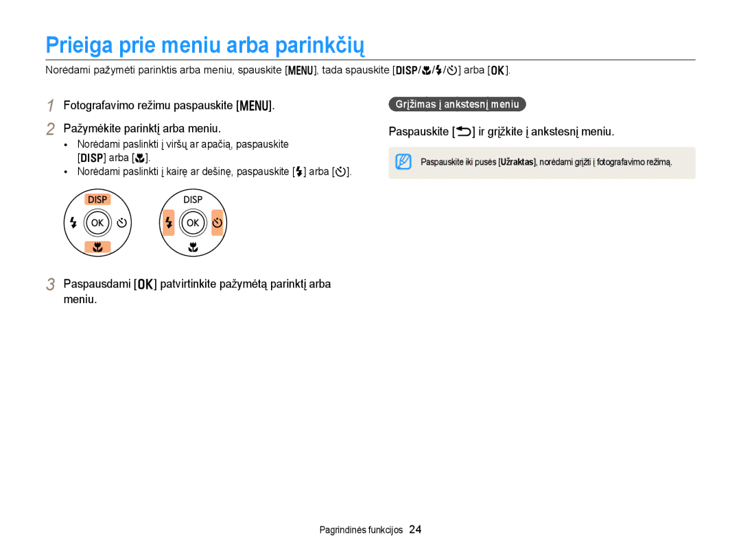 Samsung EC-WB150FBPWE2 manual Fotografavimo režimu paspauskite m, Paspausdami o patvirtinkite pažymėtą parinktį arba meniu 