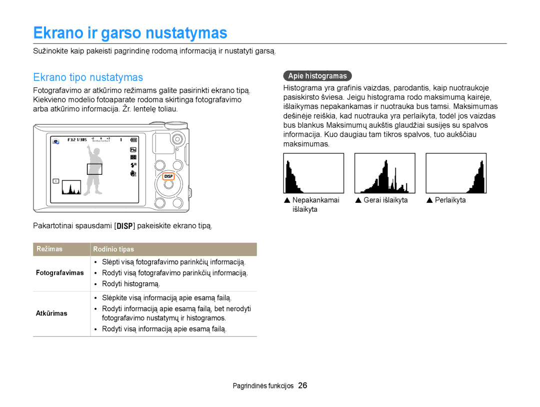 Samsung EC-WB150FBPRE2, EC-WB150FBPWE2, EC-WB150FBPBE2 Ekrano ir garso nustatymas, Ekrano tipo nustatymas, Apie histogramas 