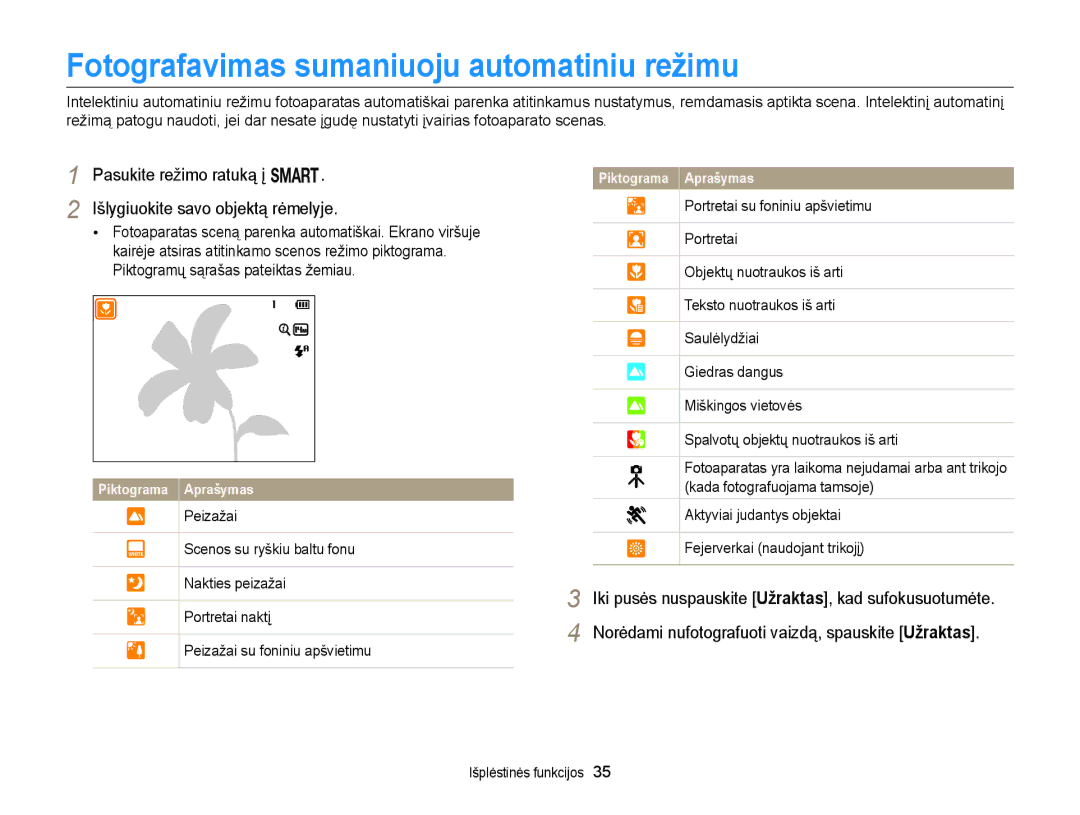Samsung EC-WB150FBPBE2, EC-WB150FBPWE2, EC-WB150FBPRE2, EC-WB150FBDBE2 manual Fotografavimas sumaniuoju automatiniu režimu 