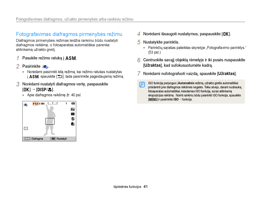 Samsung EC-WB150FBPRE2 Fotografavimas diafragmos pirmenybės režimu, Norėdami išsaugoti nustatymus, paspauskite o, “ D/c 