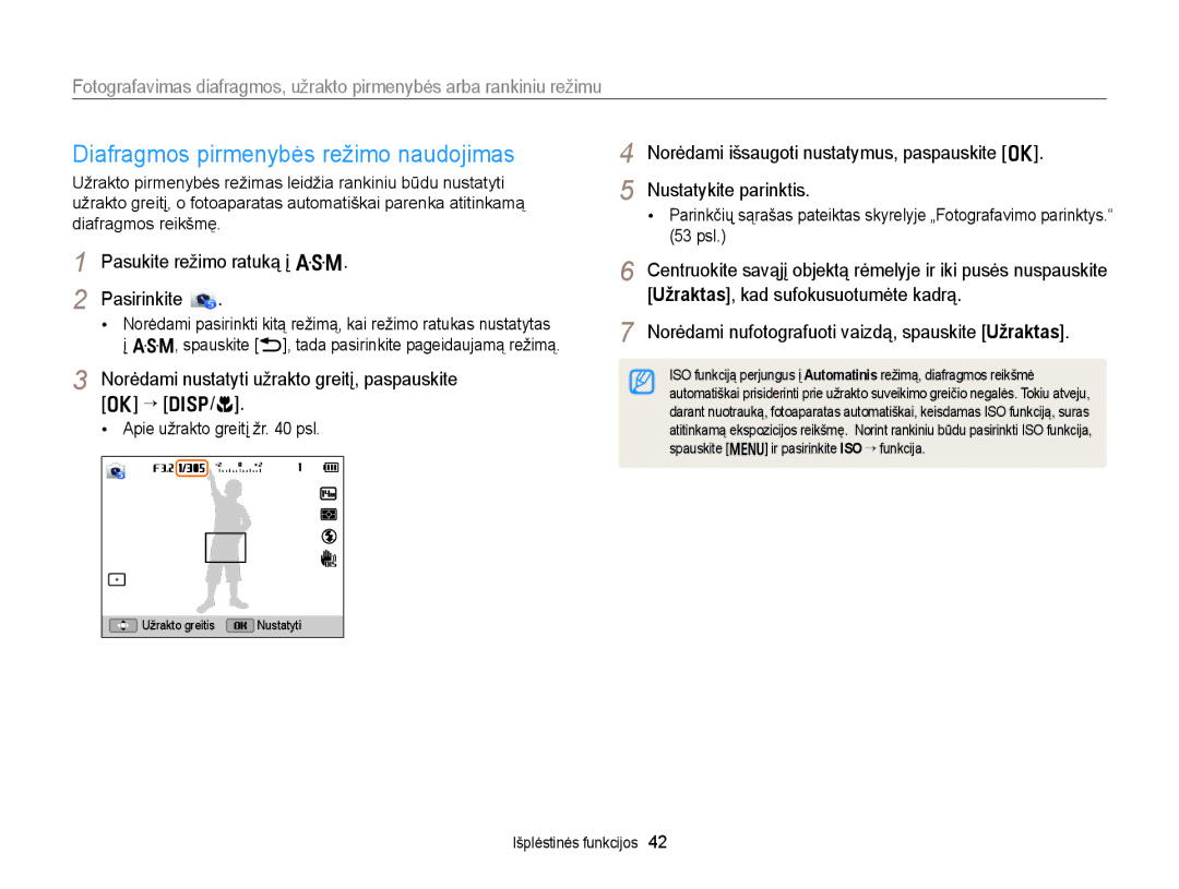 Samsung EC-WB150FBDBE2 Diafragmos pirmenybės režimo naudojimas, Norėdami nustatyti užrakto greitį, paspauskite o “ D/c 