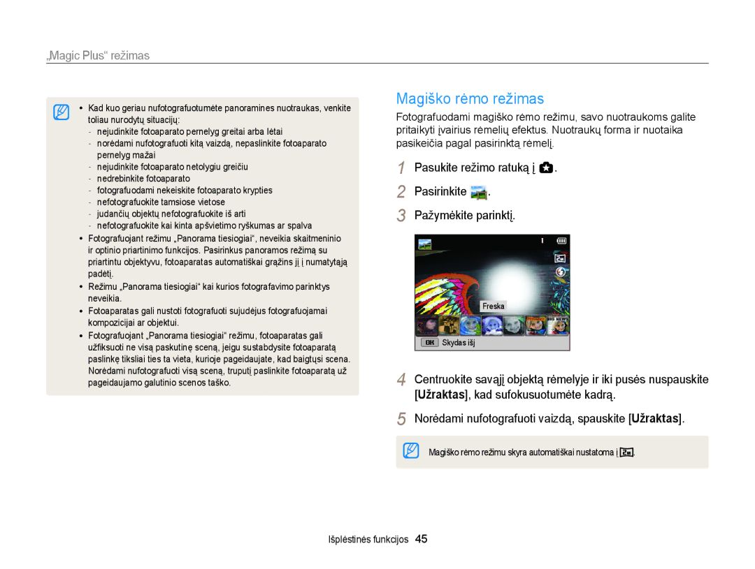 Samsung EC-WB150FBPBE2, EC-WB150FBPWE2, EC-WB150FBPRE2, EC-WB150FBDBE2 manual Magiško rėmo režimas, „Magic Plus režimas 