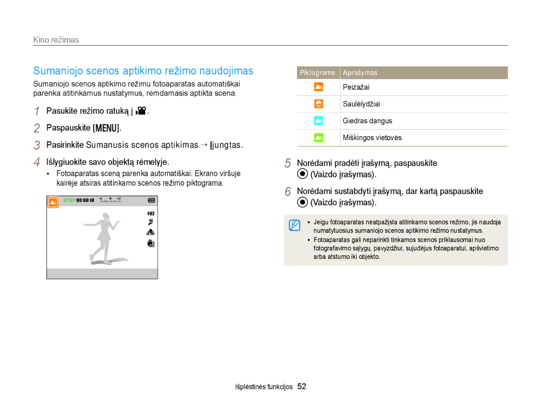 Samsung EC-WB150FBDBE2 Sumaniojo scenos aptikimo režimo naudojimas, Kino režimas, Pasukite režimo ratuką į Paspauskite m 