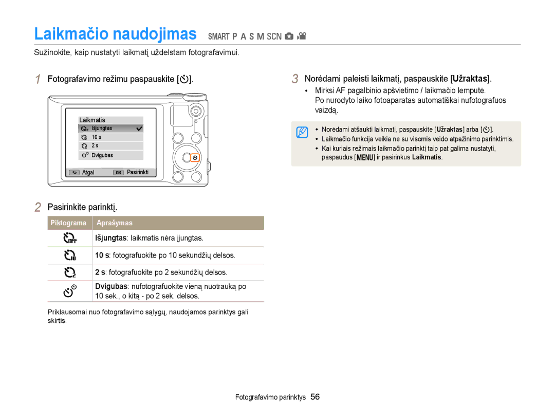 Samsung EC-WB150FBPRE2, EC-WB150FBPWE2 manual Laikmačio naudojimas T p a h M s g, Fotografavimo režimu paspauskite t 