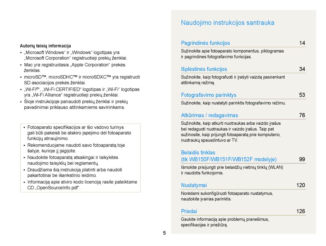 Samsung EC-WB150FBPBE2, EC-WB150FBPWE2, EC-WB150FBPRE2 manual Naudojimo instrukcijos santrauka, Autorių teisių informacija 