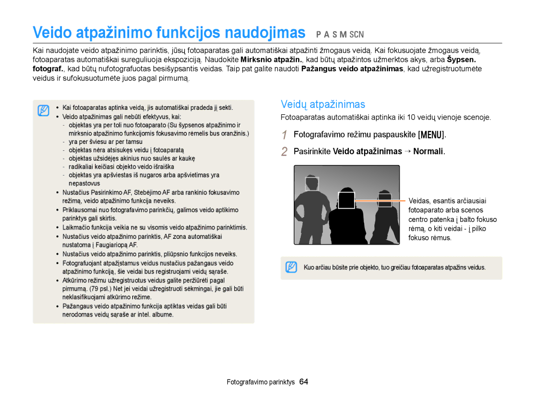 Samsung EC-WB150FBPWE2, EC-WB150FBPBE2, EC-WB150FBPRE2 Veido atpažinimo funkcijos naudojimas p a h M s, Veidų atpažinimas 