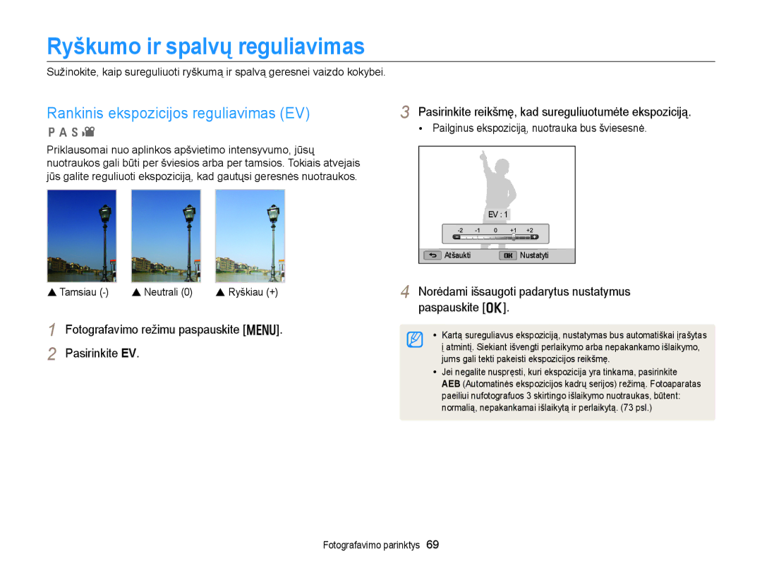 Samsung EC-WB150FBPWE2, EC-WB150FBPBE2 manual Ryškumo ir spalvų reguliavimas, Rankinis ekspozicijos reguliavimas EV 