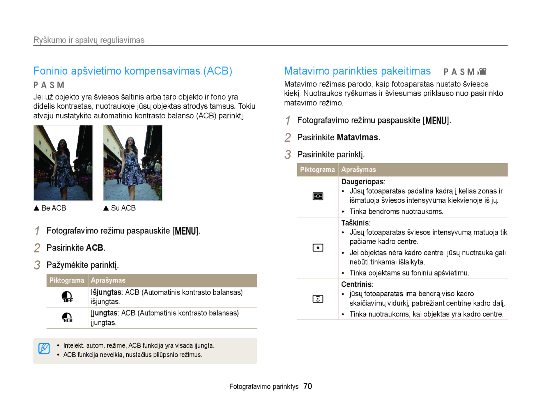 Samsung EC-WB150FBPBE2, EC-WB150FBPWE2 manual Foninio apšvietimo kompensavimas ACB, Matavimo parinkties pakeitimas p a h M 