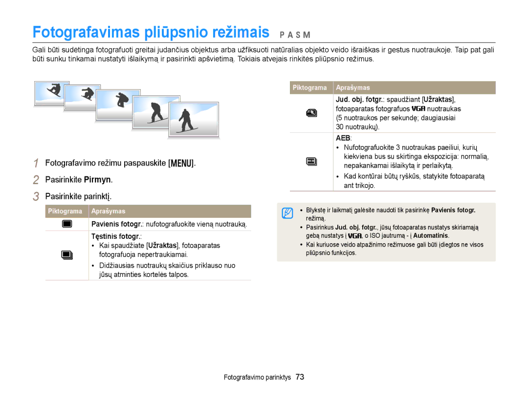 Samsung EC-WB150FBDWE2 manual Fotografavimas pliūpsnio režimais p a h M, Pavienis fotogr. nufotografuokite vieną nuotrauką 