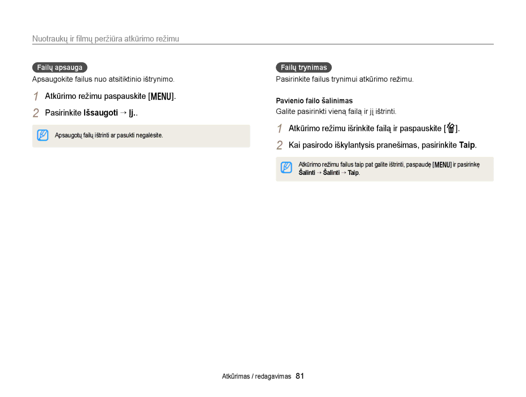 Samsung EC-WB150FBPRE2 manual Atkūrimo režimu paspauskite m Pasirinkite Išsaugoti “ Įj, Failų apsauga, Failų trynimas 