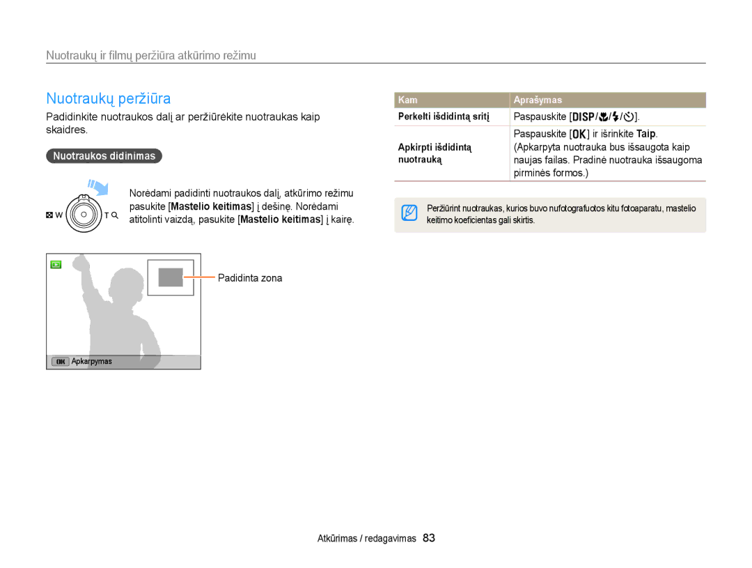 Samsung EC-WB150FBDWE2, EC-WB150FBPWE2, EC-WB150FBPBE2, EC-WB150FBPRE2 manual Nuotraukų peržiūra, Nuotraukos didinimas 