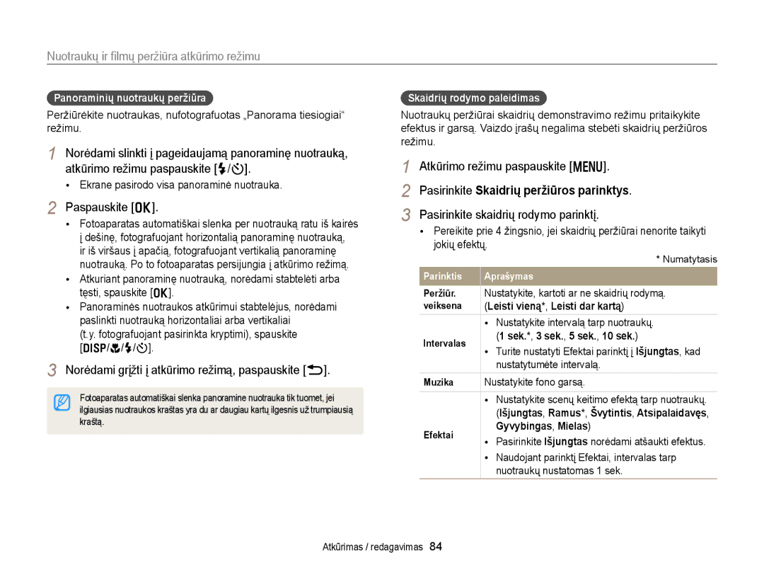 Samsung EC-WB150FBPWE2 manual Norėdami grįžti į atkūrimo režimą, paspauskite b, Pasirinkite Skaidrių peržiūros parinktys 