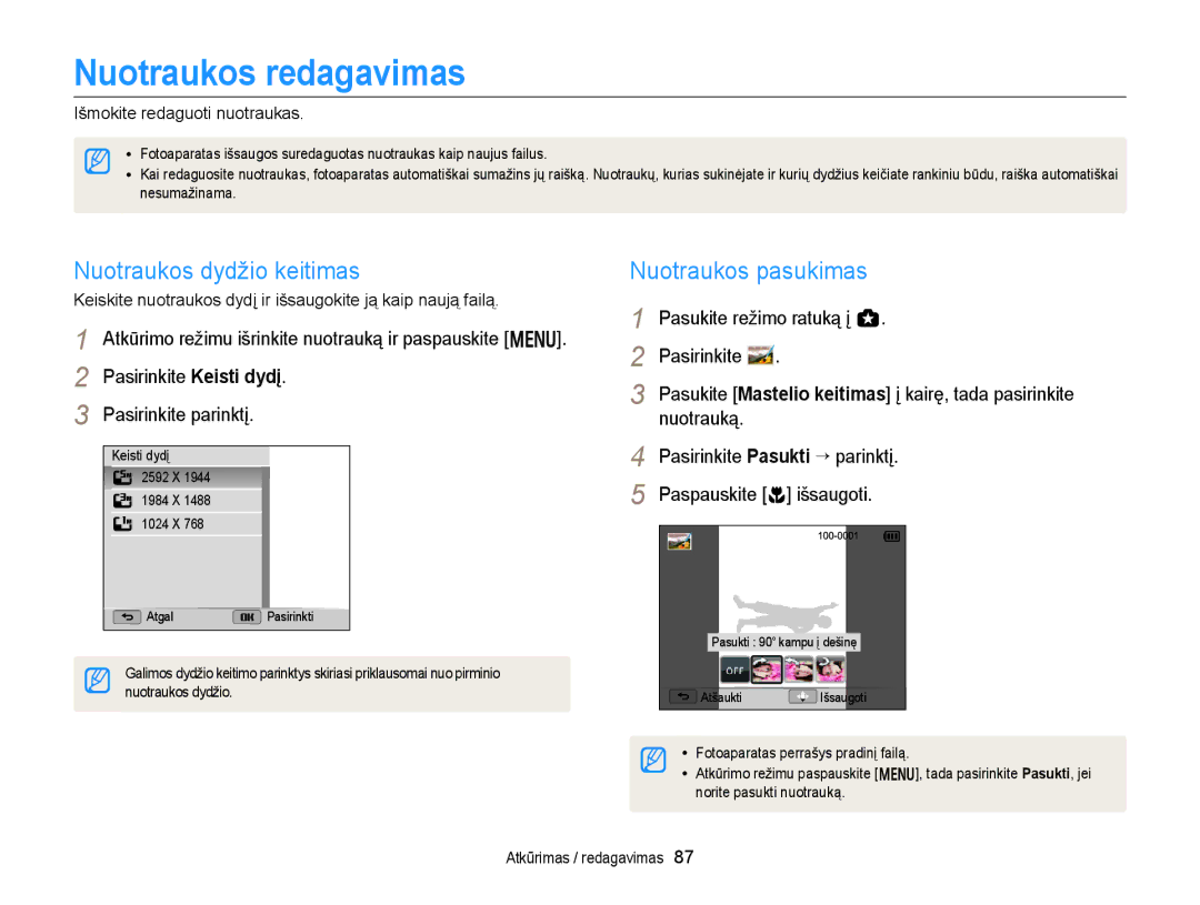 Samsung EC-WB150FBDBE2, EC-WB150FBPWE2 manual Nuotraukos redagavimas, Nuotraukos dydžio keitimas, Nuotraukos pasukimas 