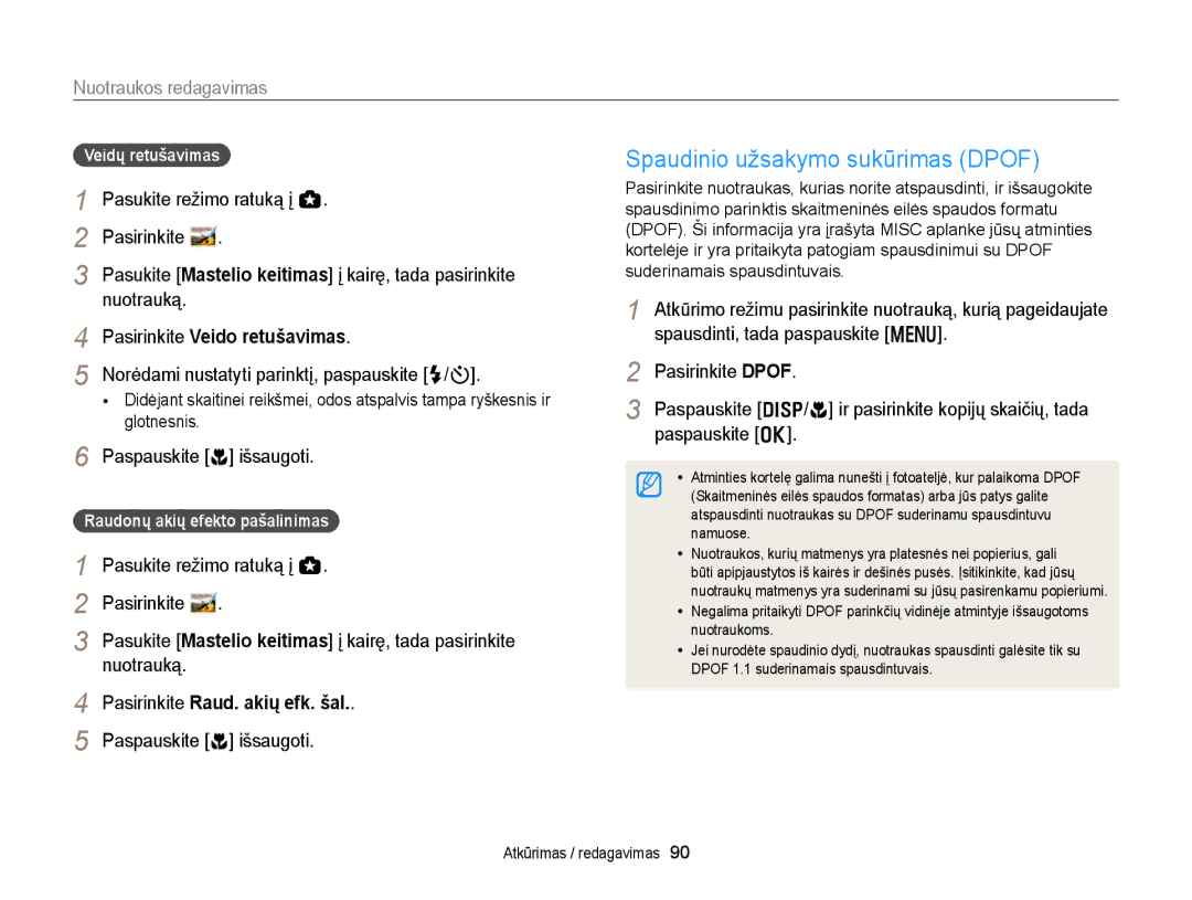 Samsung EC-WB150FBPBE2 Spaudinio užsakymo sukūrimas Dpof, Nuotrauką, Pasirinkite Raud. akių efk. šal, Veidų retušavimas 