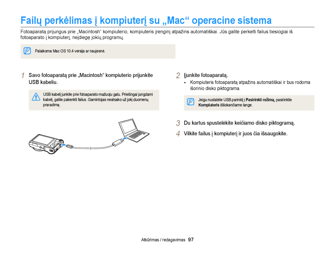 Samsung EC-WB150FBDBE2, EC-WB150FBPWE2, EC-WB150FBPBE2 manual Failų perkėlimas į kompiuterį su „Mac operacine sistema 