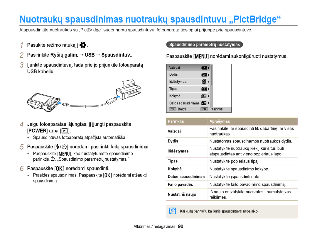 Samsung EC-WB150FBDWE2, EC-WB150FBPWE2 Pasirinkite Ryšių galim. “ USB “ Spausdintuv, Paspauskite o norėdami spausdinti 