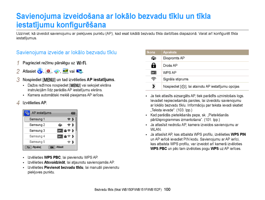 Samsung EC-WB150FBPBE2 manual Savienojuma izveide ar lokālo bezvadu tīklu, Pagrieziet režīmu pārslēgu uz w, Atlasiet Vai 