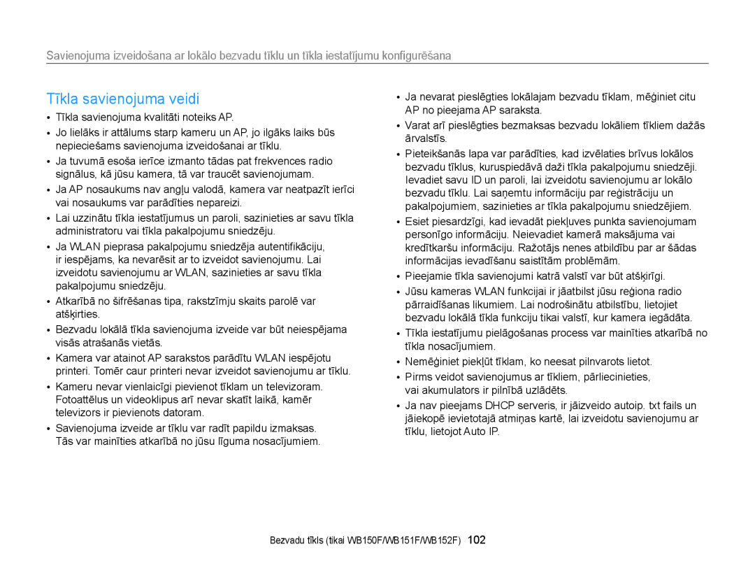 Samsung EC-WB150FBDBE2, EC-WB150FBPWE2, EC-WB150FBPBE2 manual Tīkla savienojuma veidi, Tīkla savienojuma kvalitāti noteiks AP 