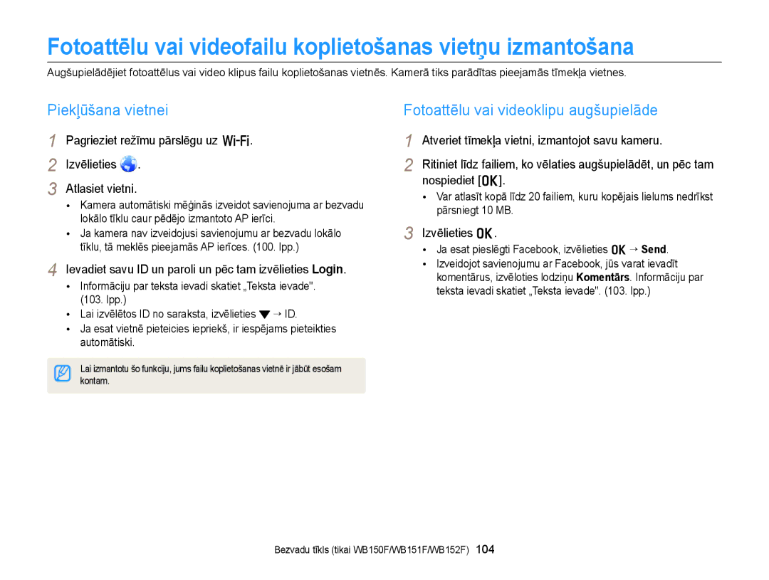 Samsung EC-WB150FBPWE2, EC-WB150FBPBE2 manual Fotoattēlu vai videofailu koplietošanas vietņu izmantošana, Piekļūšana vietnei 