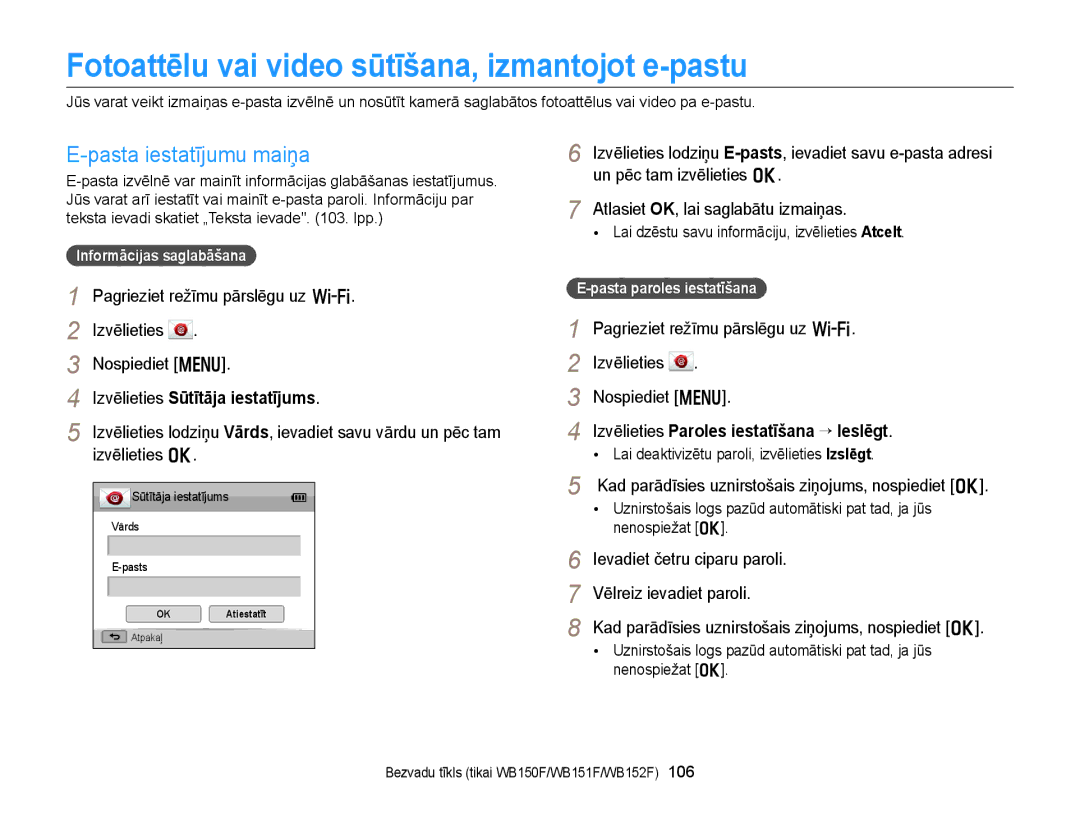 Samsung EC-WB150FBPRE2, EC-WB150FBPWE2 manual Fotoattēlu vai video sūtīšana, izmantojot e-pastu, Pasta iestatījumu maiņa 