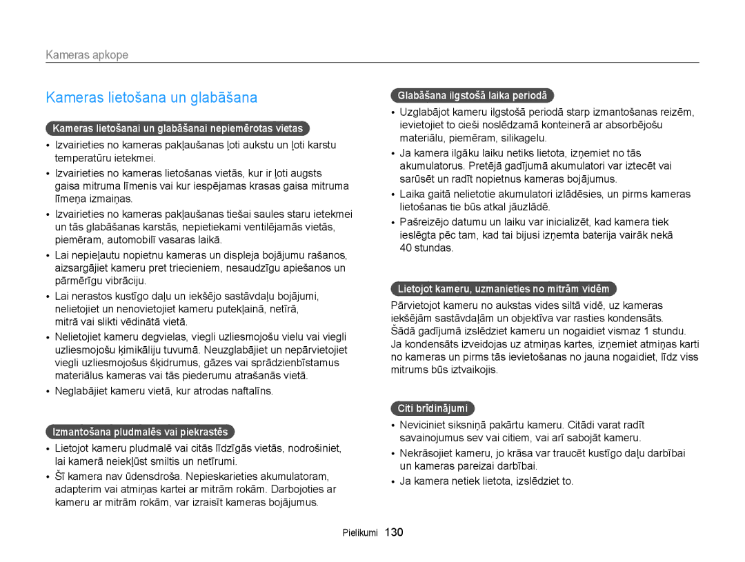 Samsung EC-WB150FBPBE2, EC-WB150FBPWE2, EC-WB150FBPRE2, EC-WB150FBDBE2 manual Kameras lietošana un glabāšana, Kameras apkope 